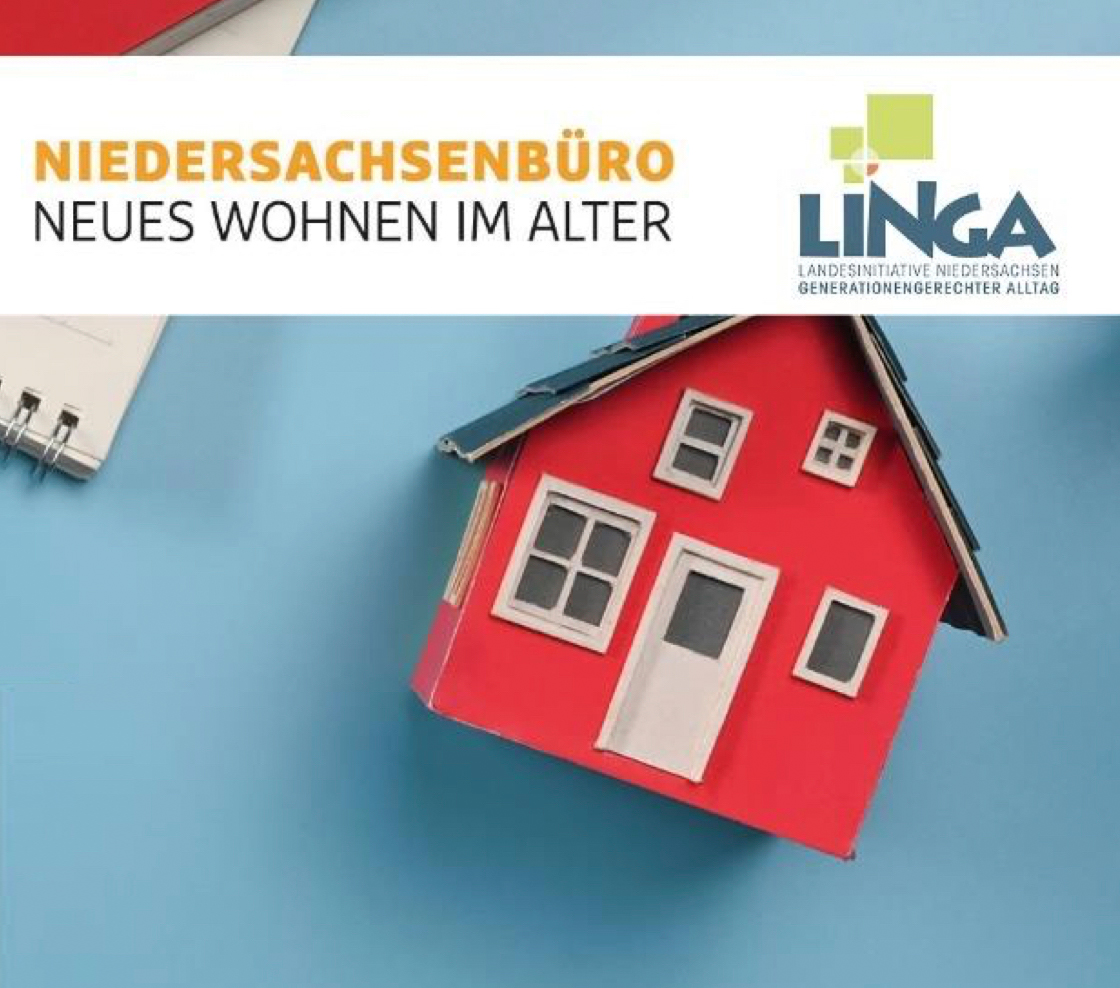Rotes Modell Haus auf blauem Zeichenbrett sowie Schriftzüge von LINGA und Niedersachsenbüro