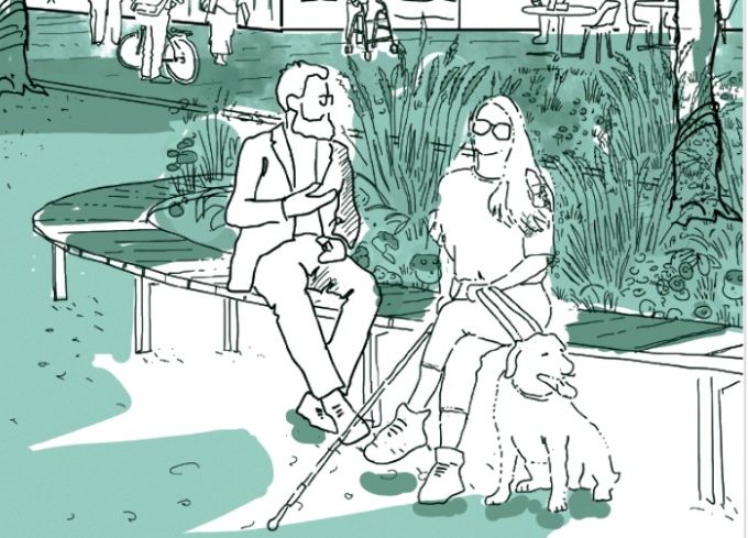 Grafik von zwei Menschen auf einer Bank