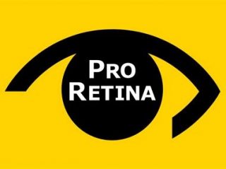 Logo Pro Retina, Schwarzes Auge auf gelbem Grund